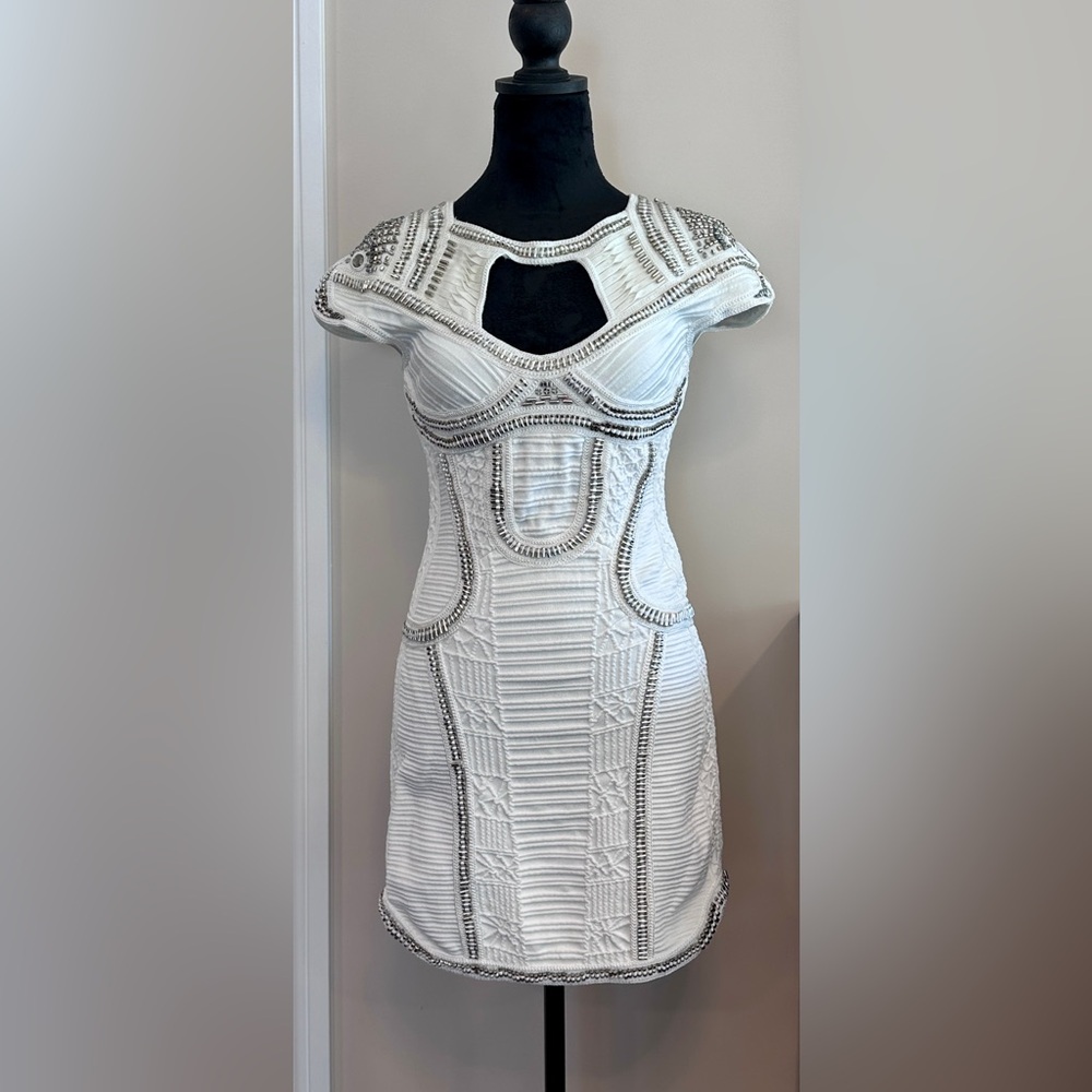 Herve Leger White Pleated Bodycon Cocktail Dress